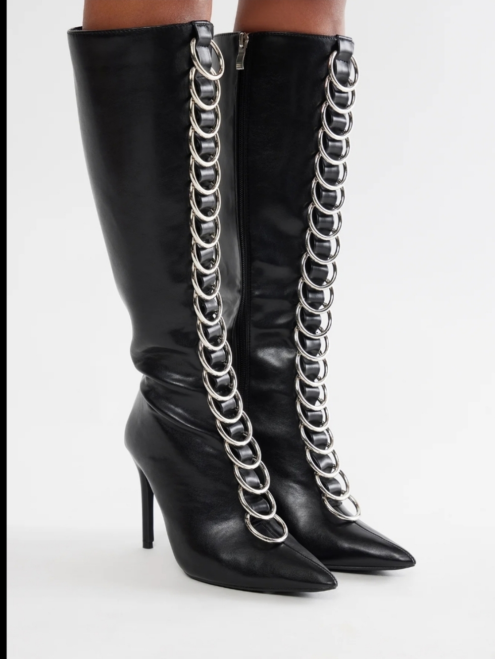 Black Chain-Trim Knee-High Stiletto Boots